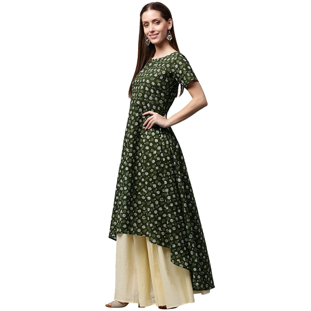 Green printed half sleeve cotton low high A-line kurta with Off white palazzo | NOZ2TOZ - Made In INDIA.