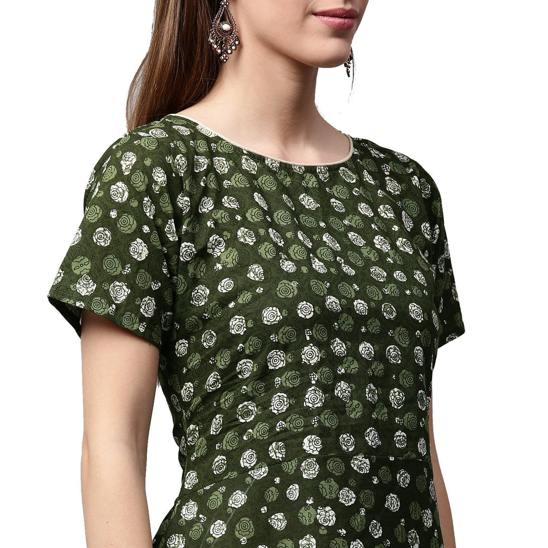 Green printed half sleeve cotton low high A-line kurta with Off white palazzo | NOZ2TOZ - Made In INDIA.