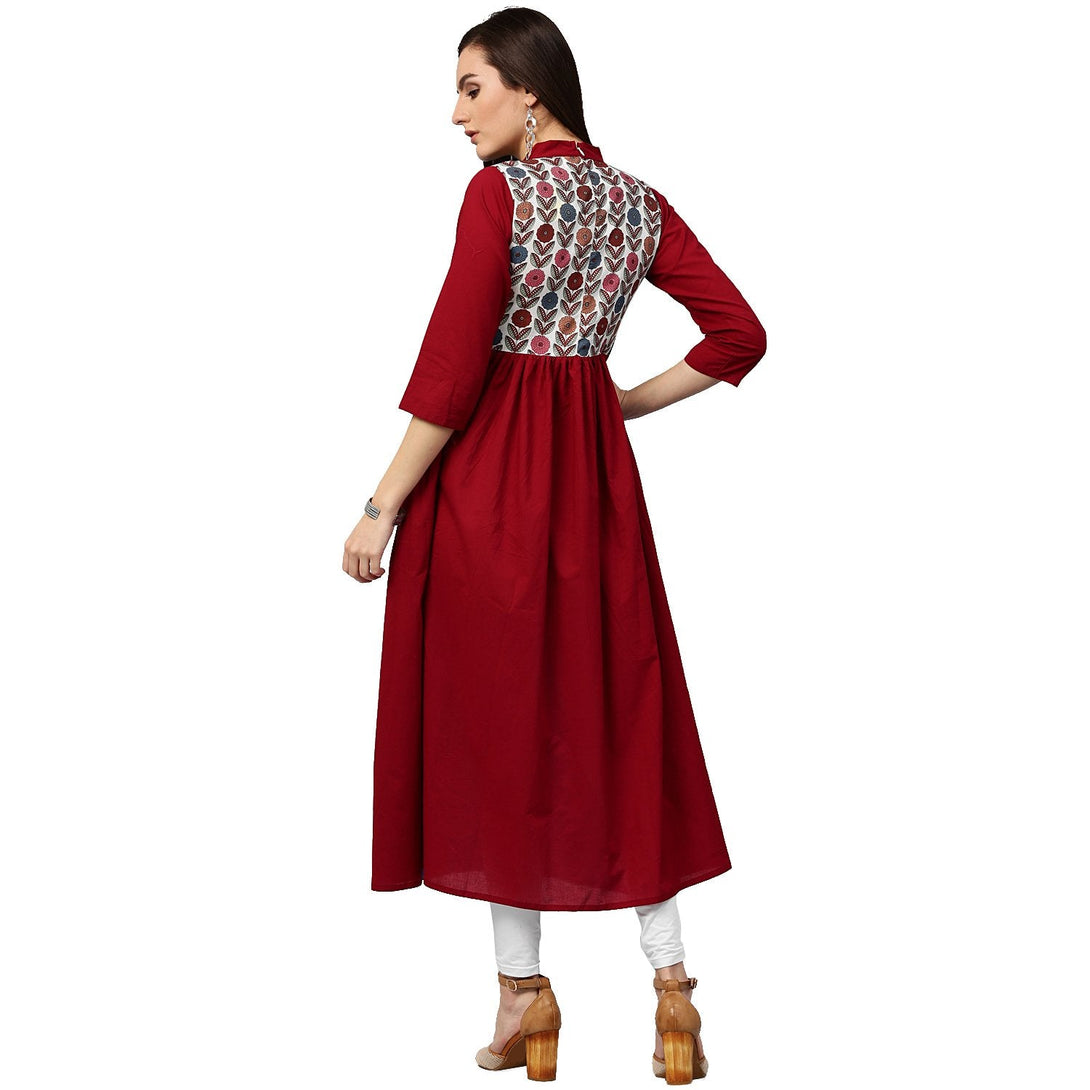 Maroon 3/4th sleeve cotton Anarkali kurta with printed yoke | NOZ2TOZ - Made In INDIA.