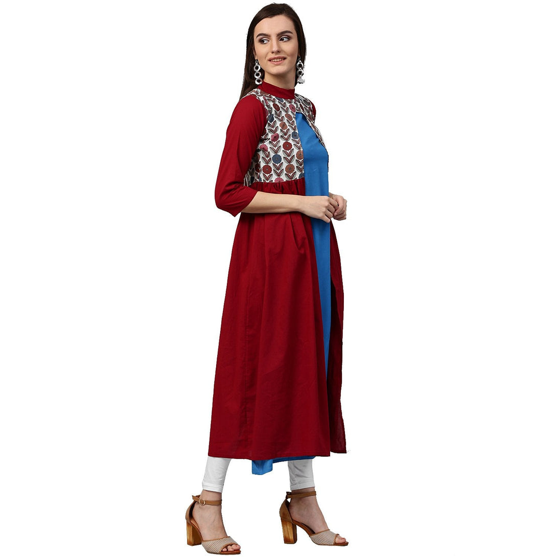 Maroon 3/4th sleeve cotton Anarkali kurta with printed yoke | NOZ2TOZ - Made In INDIA.