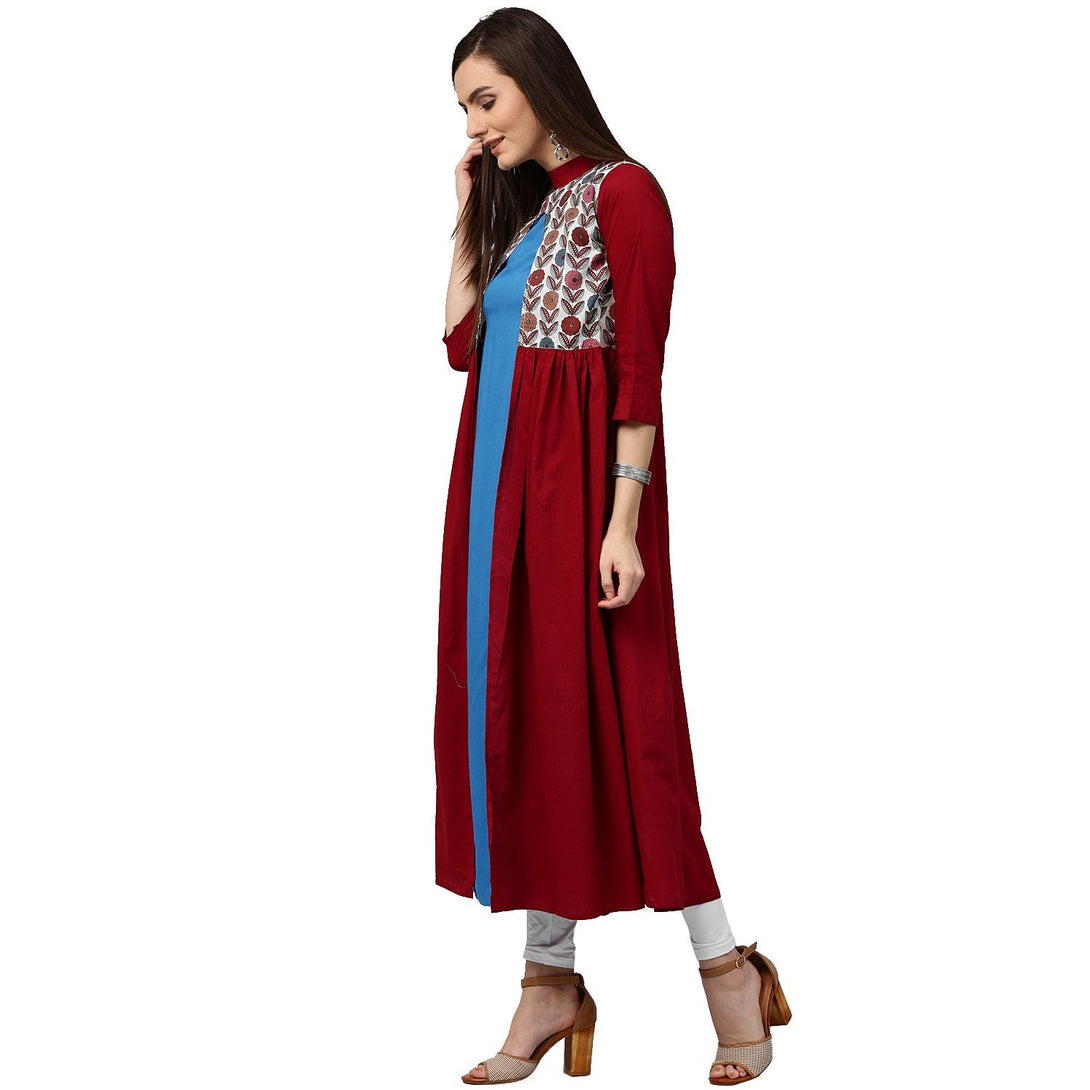 Maroon 3/4th sleeve cotton Anarkali kurta with printed yoke | NOZ2TOZ - Made In INDIA.