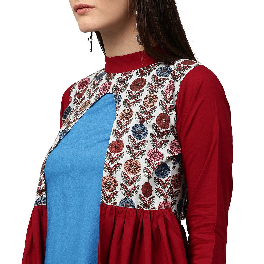 Maroon 3/4th sleeve cotton Anarkali kurta with printed yoke | NOZ2TOZ - Made In INDIA.