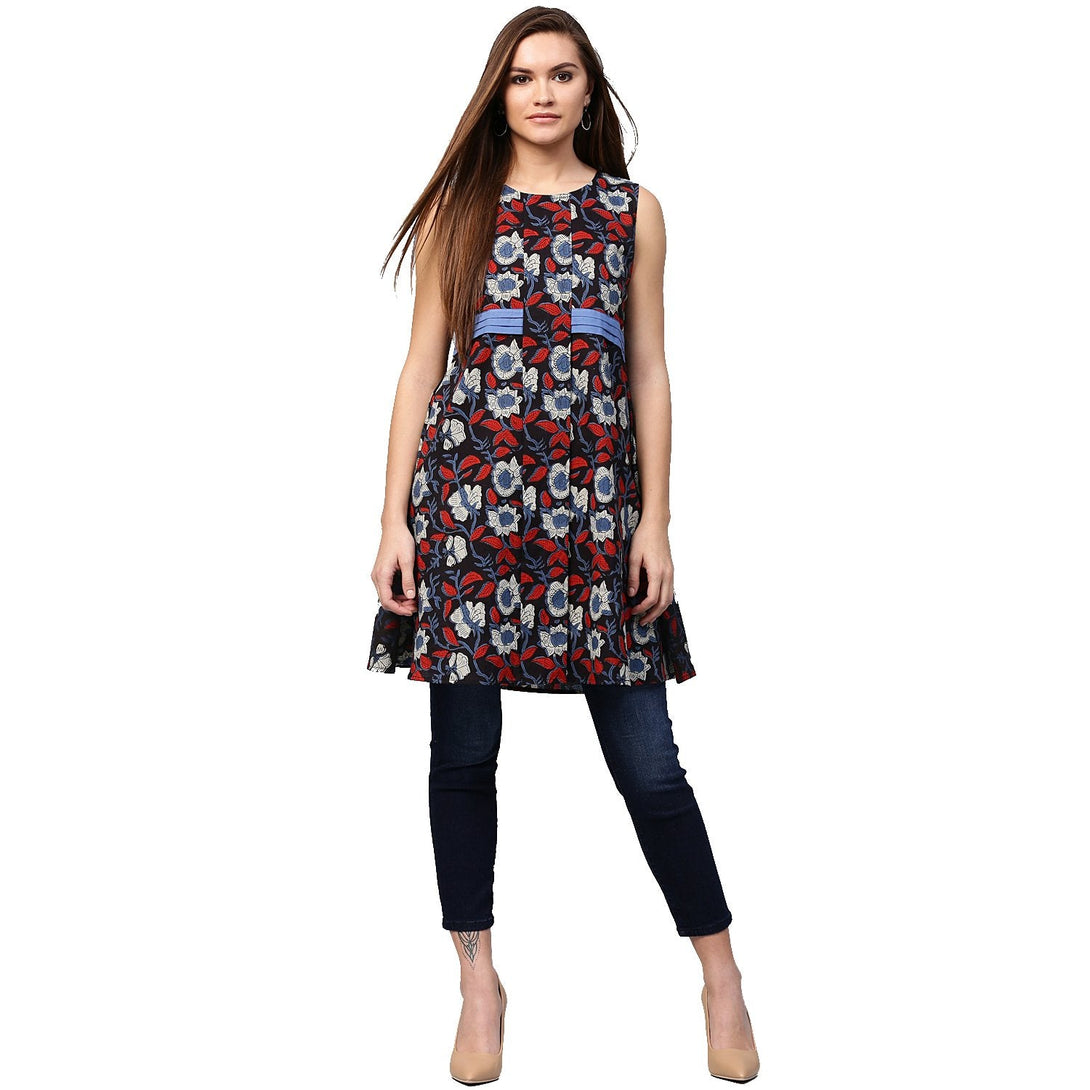 Black printed sleeveless cotton flared tunics | NOZ2TOZ - Made In INDIA.