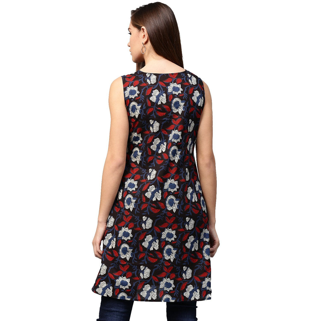 Black printed sleeveless cotton flared tunics | NOZ2TOZ - Made In INDIA.