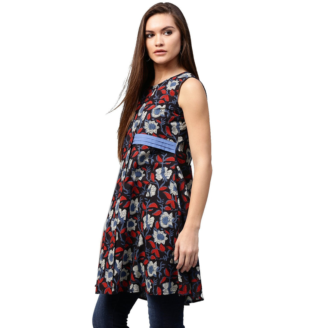 Black printed sleeveless cotton flared tunics | NOZ2TOZ - Made In INDIA.