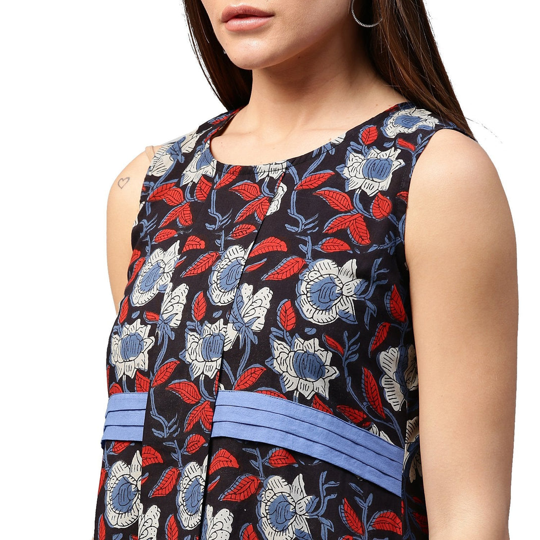 Black printed sleeveless cotton flared tunics | NOZ2TOZ - Made In INDIA.