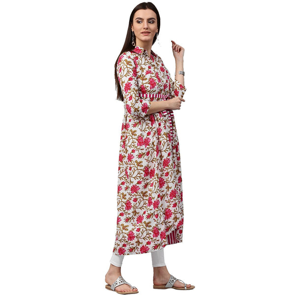 White floral printed 3/4th sleeve cotton Anarkali kurta | NOZ2TOZ - Made In INDIA.