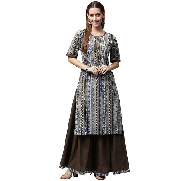 Grey printed half sleeve cotton kurta with black skirt | NOZ2TOZ - Made In INDIA.