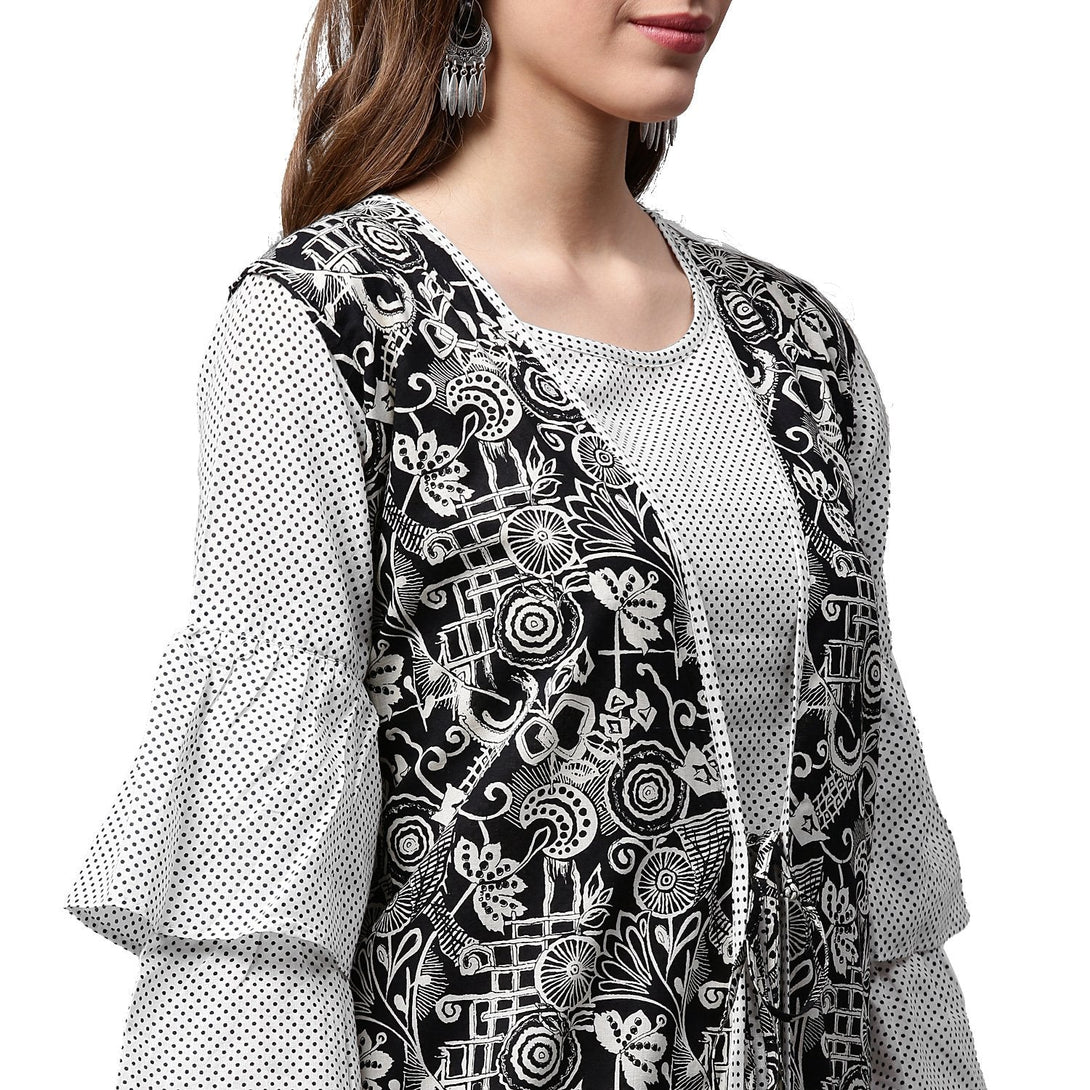 White printed 3/4th sleeve cotton A-line kurta with black printed jacket | NOZ2TOZ - Made In INDIA.