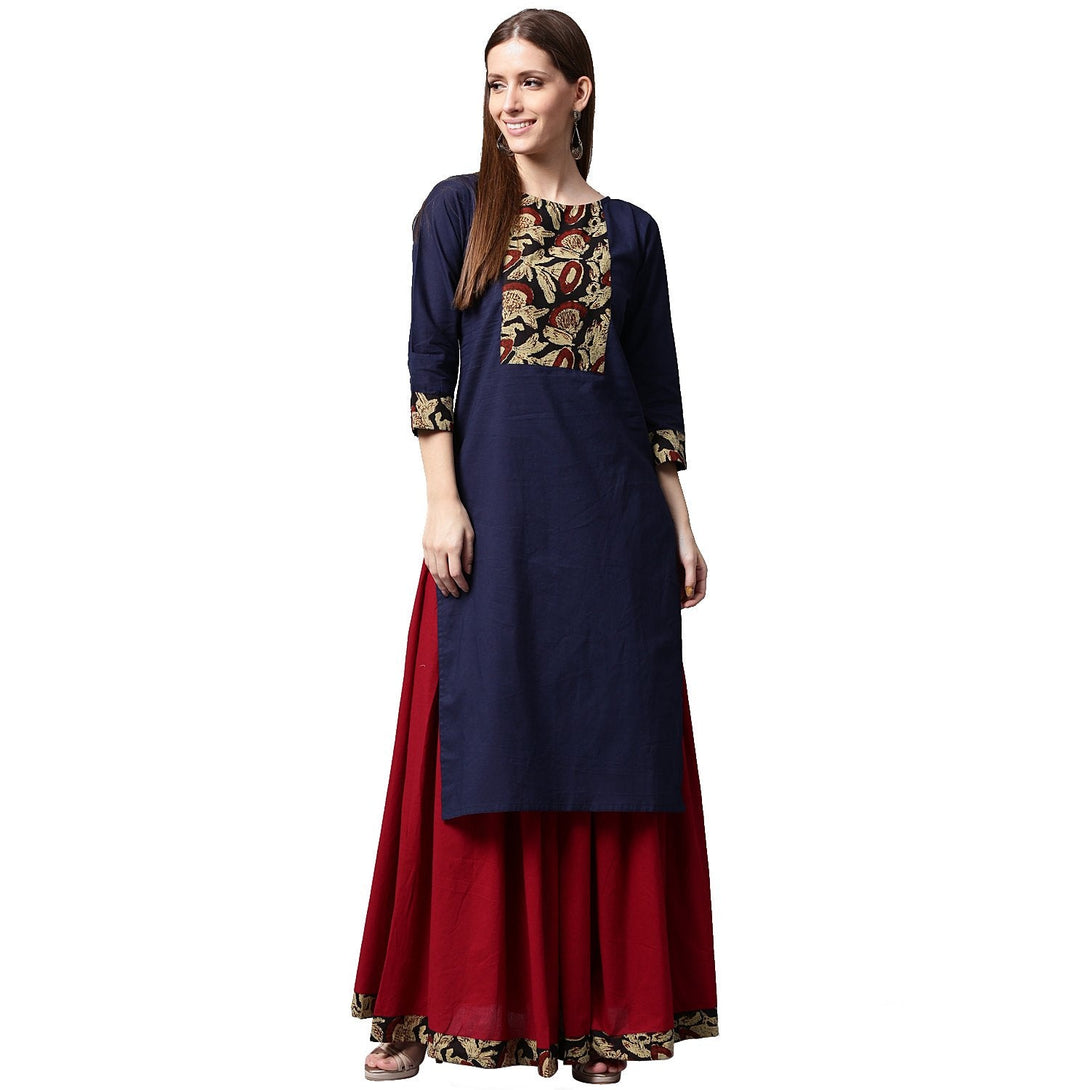 Blue printed 3/4th sleeve cotton kurta with maroon skirt | NOZ2TOZ - Made In INDIA.