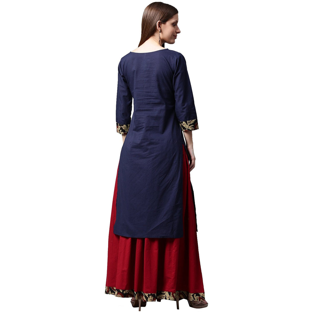 Blue printed 3/4th sleeve cotton kurta with maroon skirt | NOZ2TOZ - Made In INDIA.