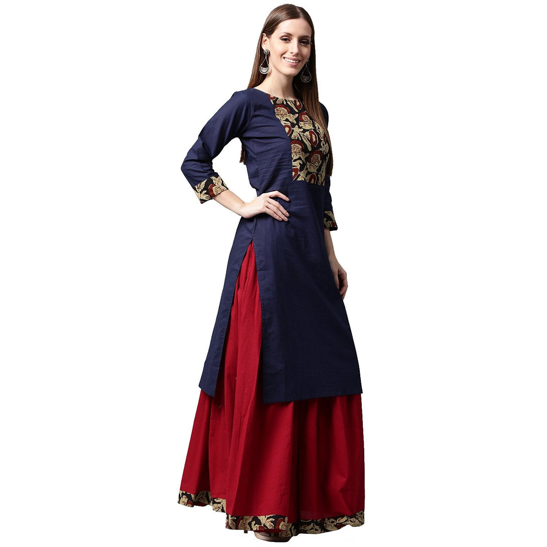 Blue printed 3/4th sleeve cotton kurta with maroon skirt | NOZ2TOZ - Made In INDIA.