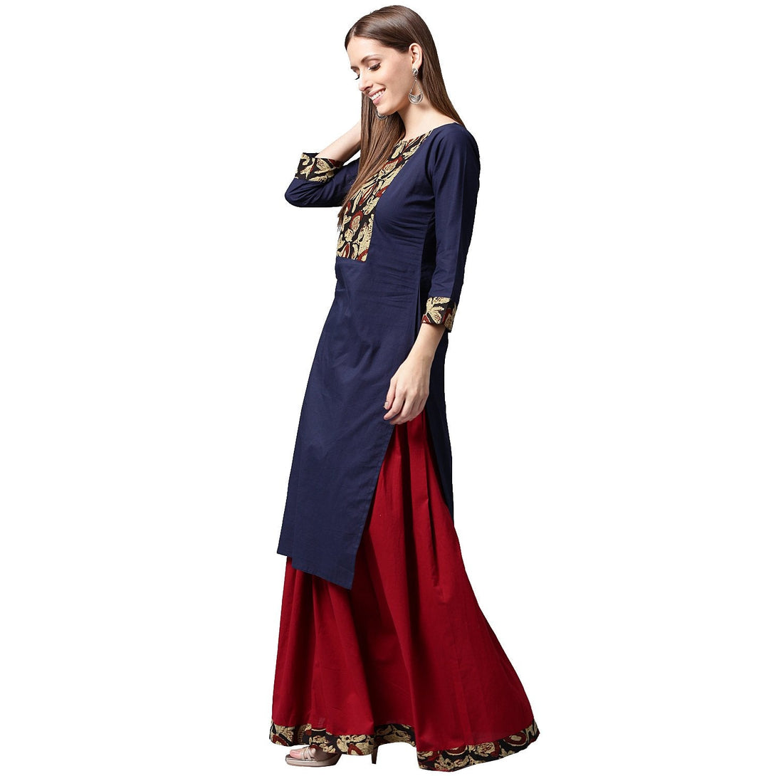 Blue printed 3/4th sleeve cotton kurta with maroon skirt | NOZ2TOZ - Made In INDIA.