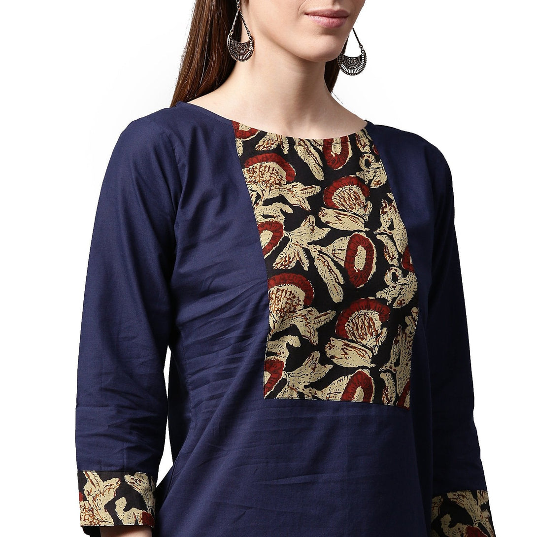 Blue printed 3/4th sleeve cotton kurta with maroon skirt | NOZ2TOZ - Made In INDIA.