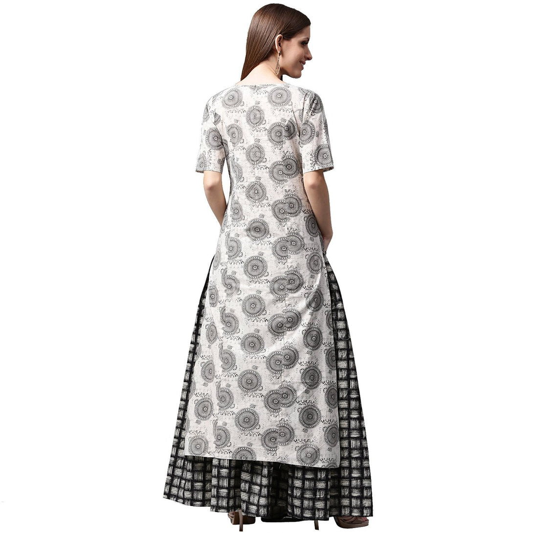 Grey printed half sleeve cotton kurta with black printed skirt | NOZ2TOZ - Made In INDIA.