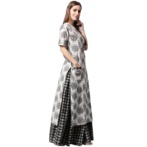 Grey printed half sleeve cotton kurta with black printed skirt | NOZ2TOZ - Made In INDIA.