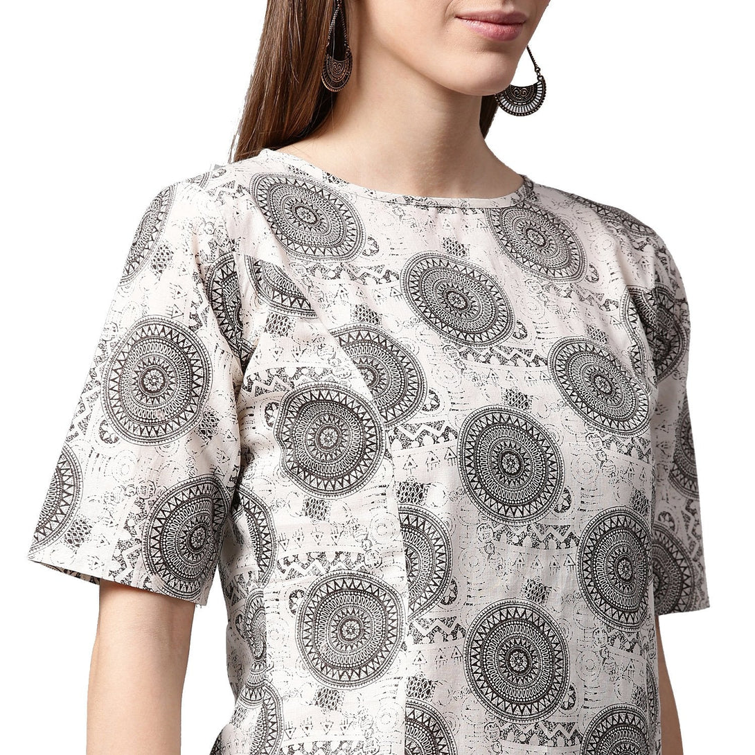 Grey printed half sleeve cotton kurta with black printed skirt | NOZ2TOZ - Made In INDIA.