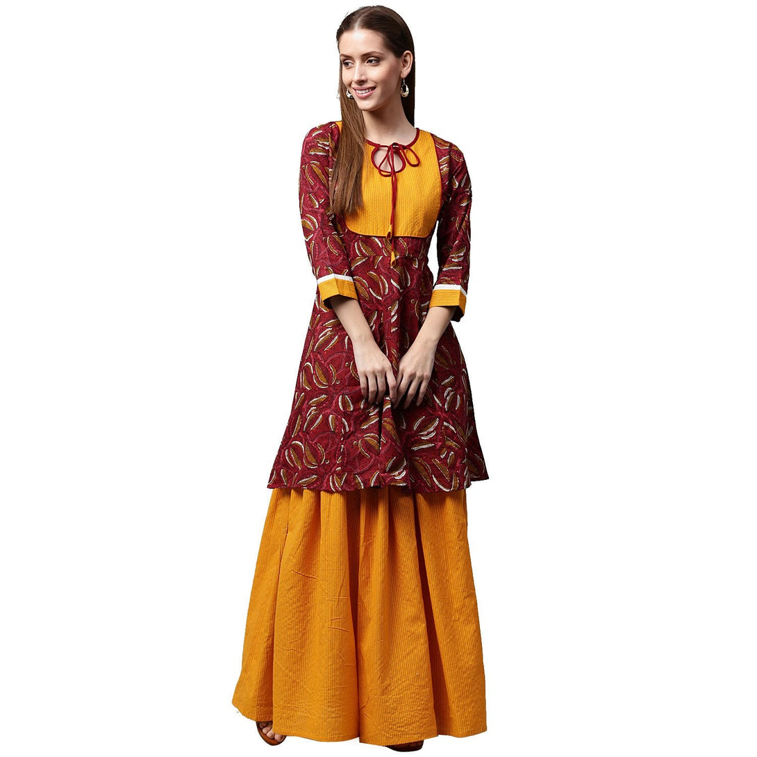 Red printed 3/4th sleeve cropped anarkali kurta with yellow printed skirt | NOZ2TOZ - Made In INDIA.