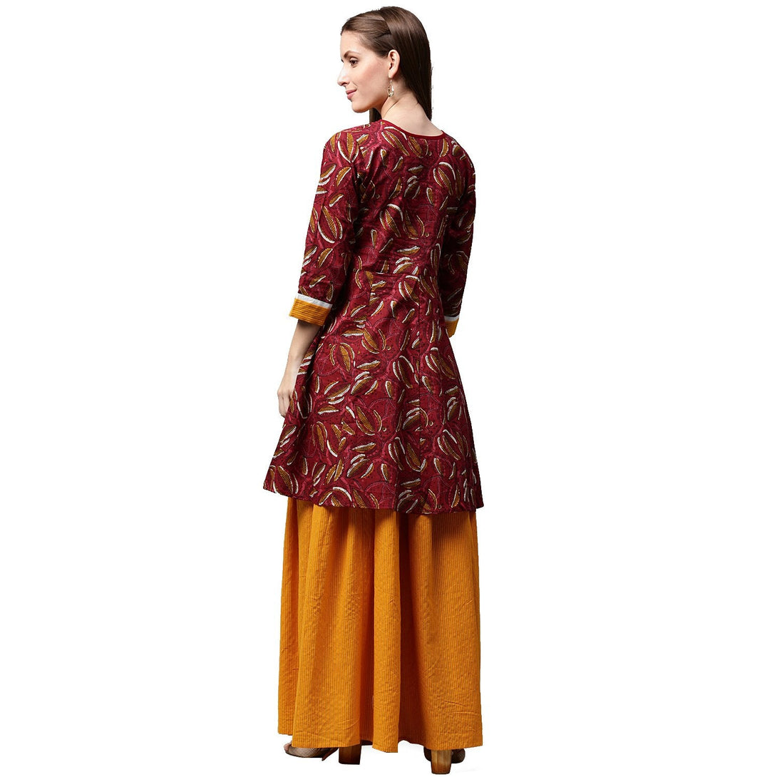 Red printed 3/4th sleeve cropped anarkali kurta with yellow printed skirt | NOZ2TOZ - Made In INDIA.