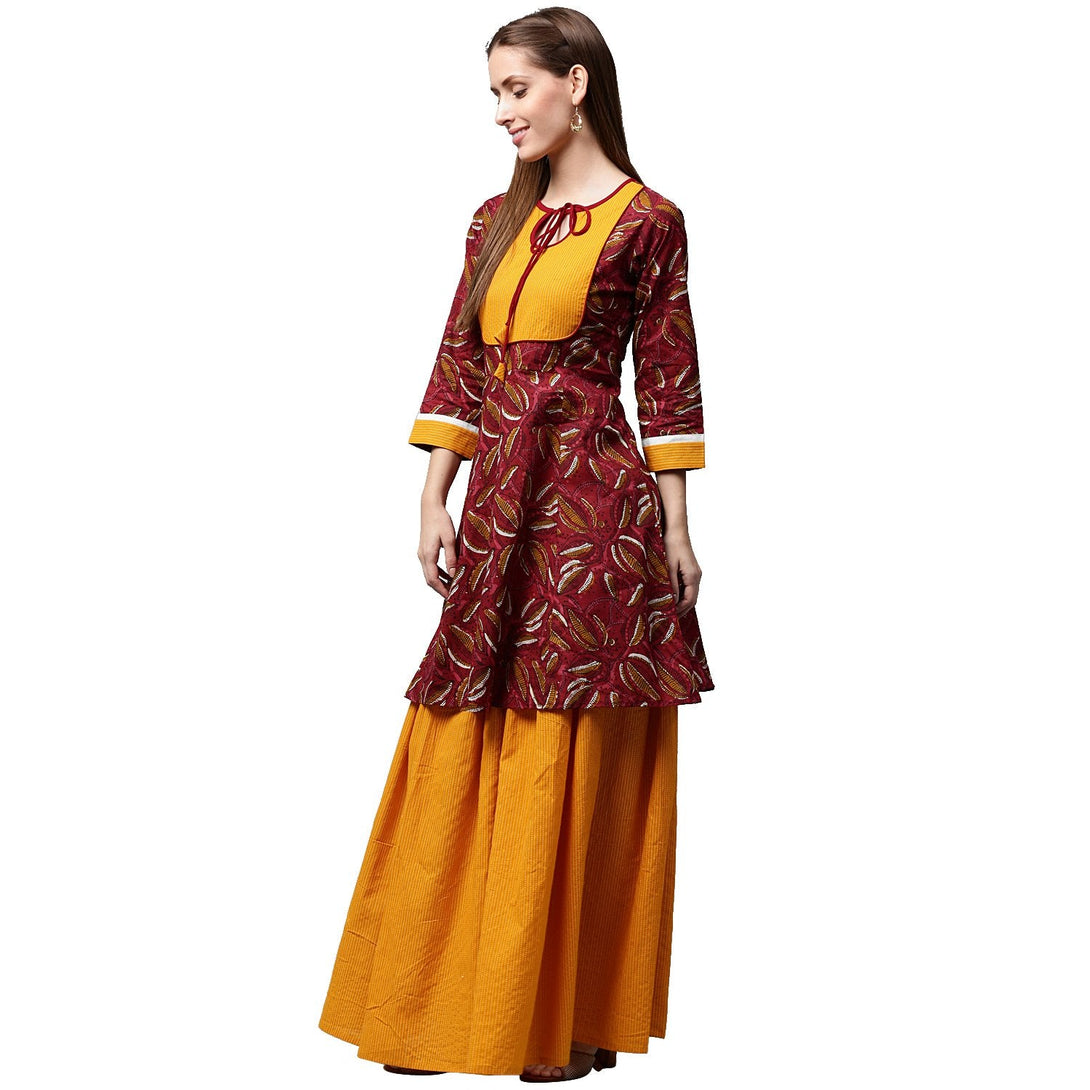 Red printed 3/4th sleeve cropped anarkali kurta with yellow printed skirt | NOZ2TOZ - Made In INDIA.