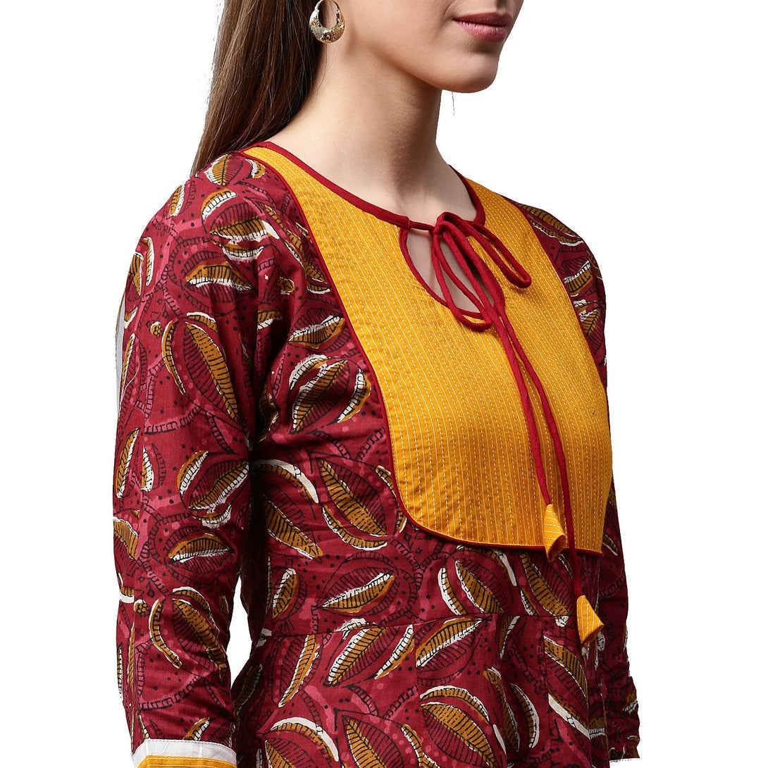 Red printed 3/4th sleeve cropped anarkali kurta with yellow printed skirt | NOZ2TOZ - Made In INDIA.