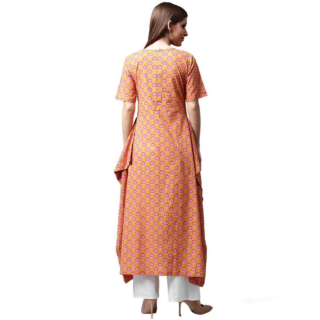 Yellow printed half sleeve cotton A-line kurta | NOZ2TOZ - Made In INDIA.