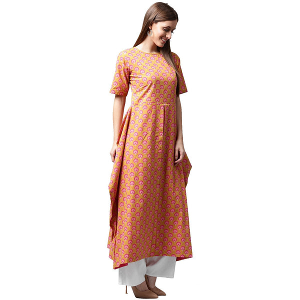 Yellow printed half sleeve cotton A-line kurta | NOZ2TOZ - Made In INDIA.