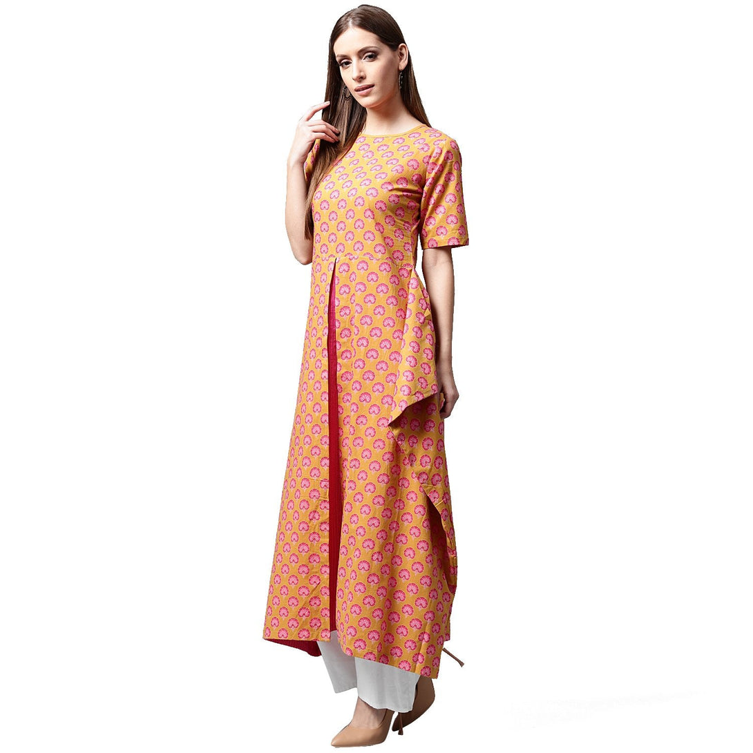 Yellow printed half sleeve cotton A-line kurta | NOZ2TOZ - Made In INDIA.