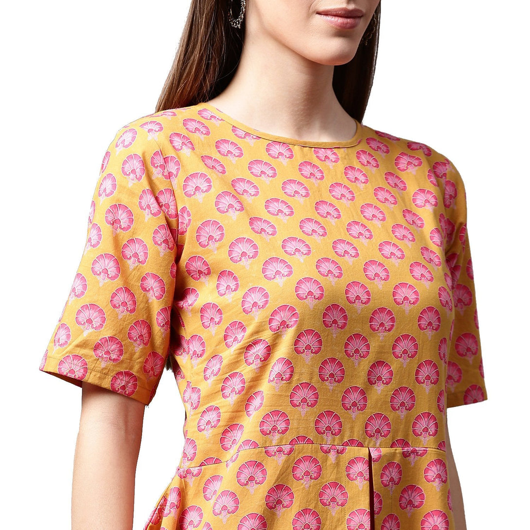 Yellow printed half sleeve cotton A-line kurta | NOZ2TOZ - Made In INDIA.