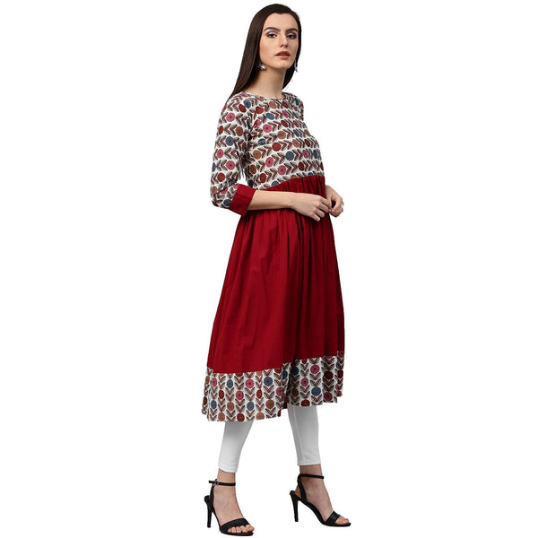 Maroon printed 3/4th sleeve cotton Anarkali kurta | NOZ2TOZ - Made In INDIA.