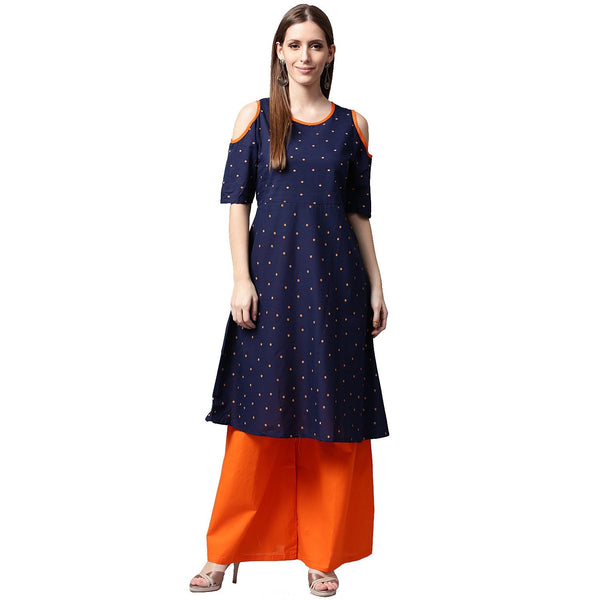 Blue printed half sleeve cotton kurta with orange Palazzos | NOZ2TOZ - Made In INDIA.