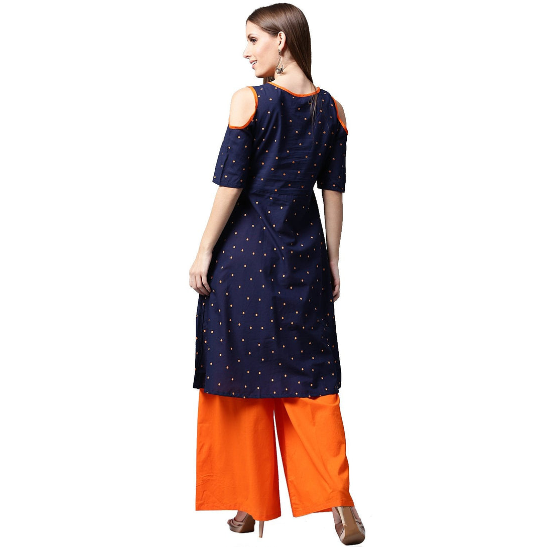 Blue printed half sleeve cotton kurta with orange Palazzos | NOZ2TOZ - Made In INDIA.