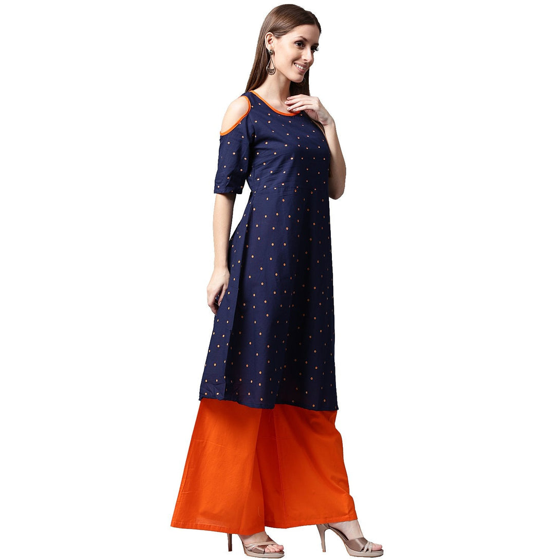 Blue printed half sleeve cotton kurta with orange Palazzos | NOZ2TOZ - Made In INDIA.