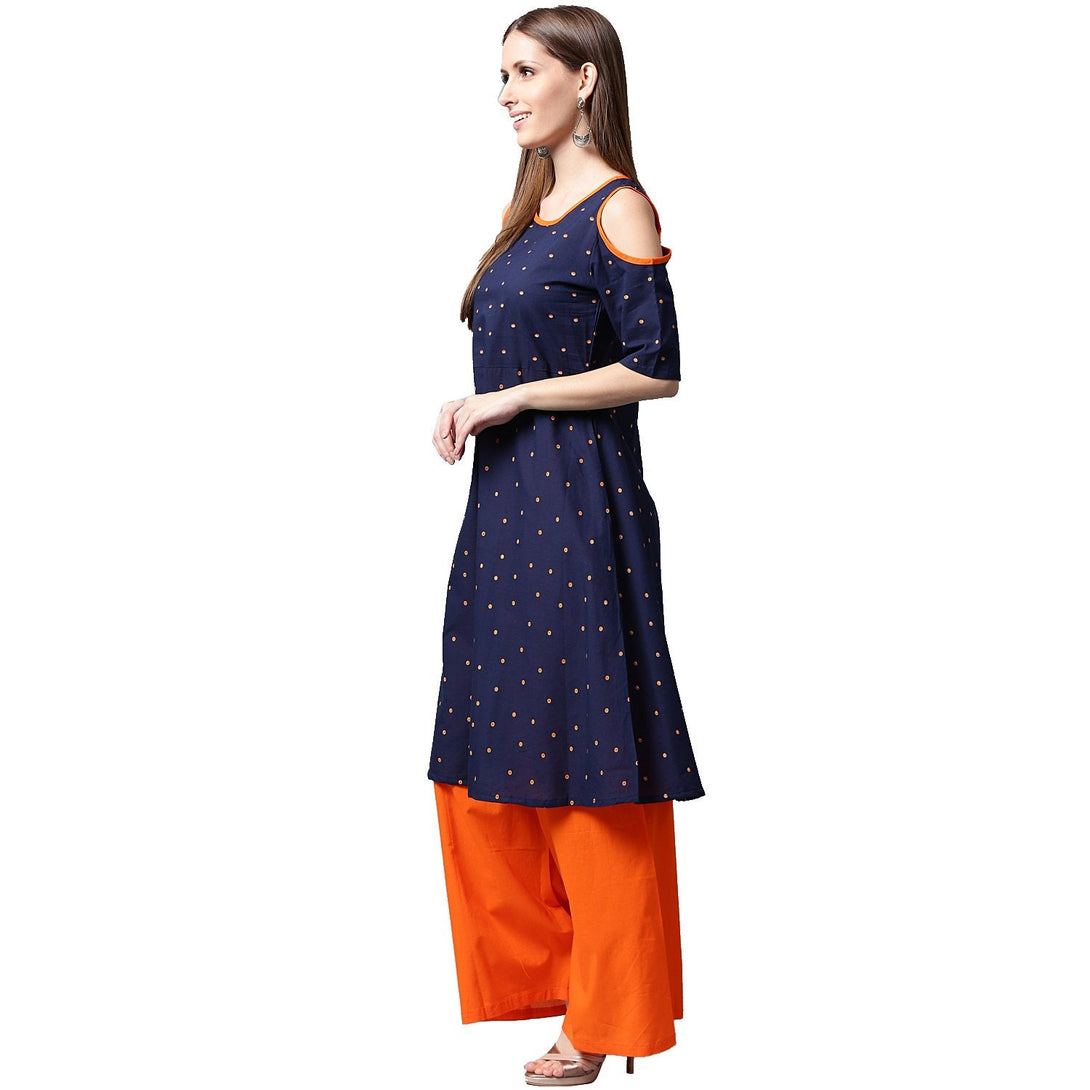 Blue printed half sleeve cotton kurta with orange Palazzos | NOZ2TOZ - Made In INDIA.