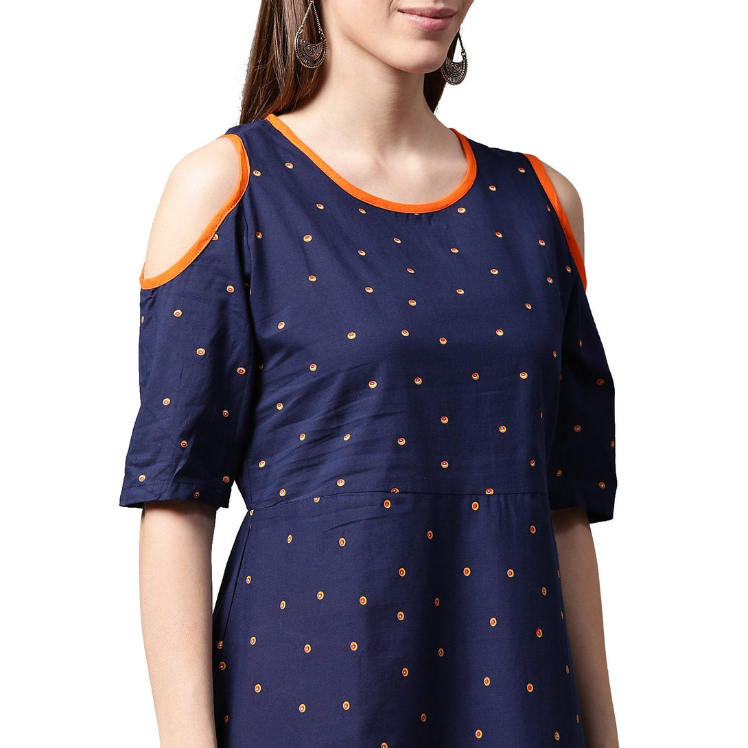 Blue printed half sleeve cotton kurta with orange Palazzos | NOZ2TOZ - Made In INDIA.