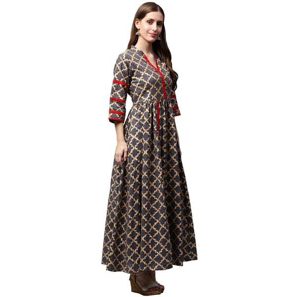 Grey Printed 3/4th sleeve cotton anarkali kurta | NOZ2TOZ - Made In INDIA.