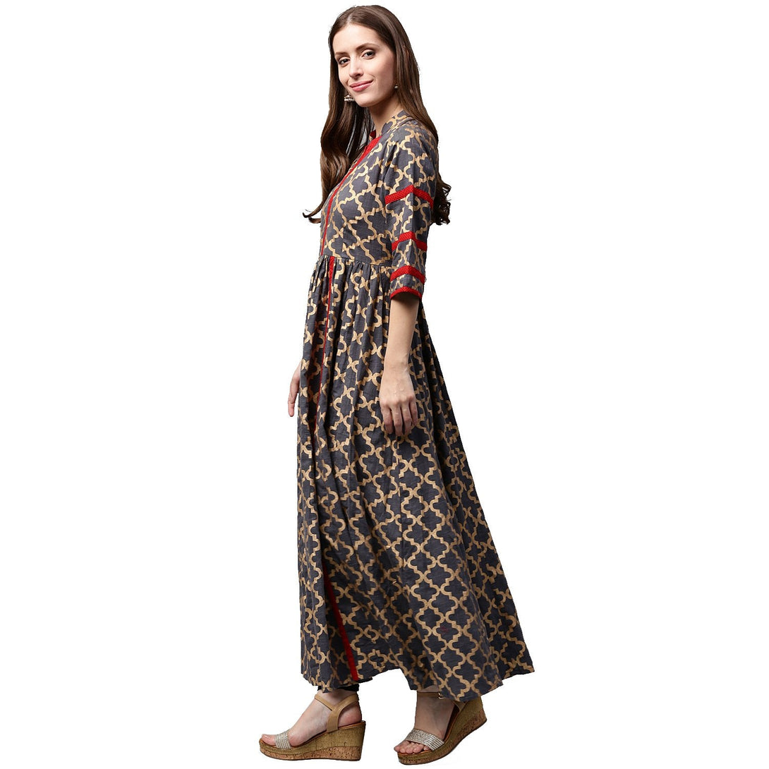 Grey Printed 3/4th sleeve cotton anarkali kurta | NOZ2TOZ - Made In INDIA.