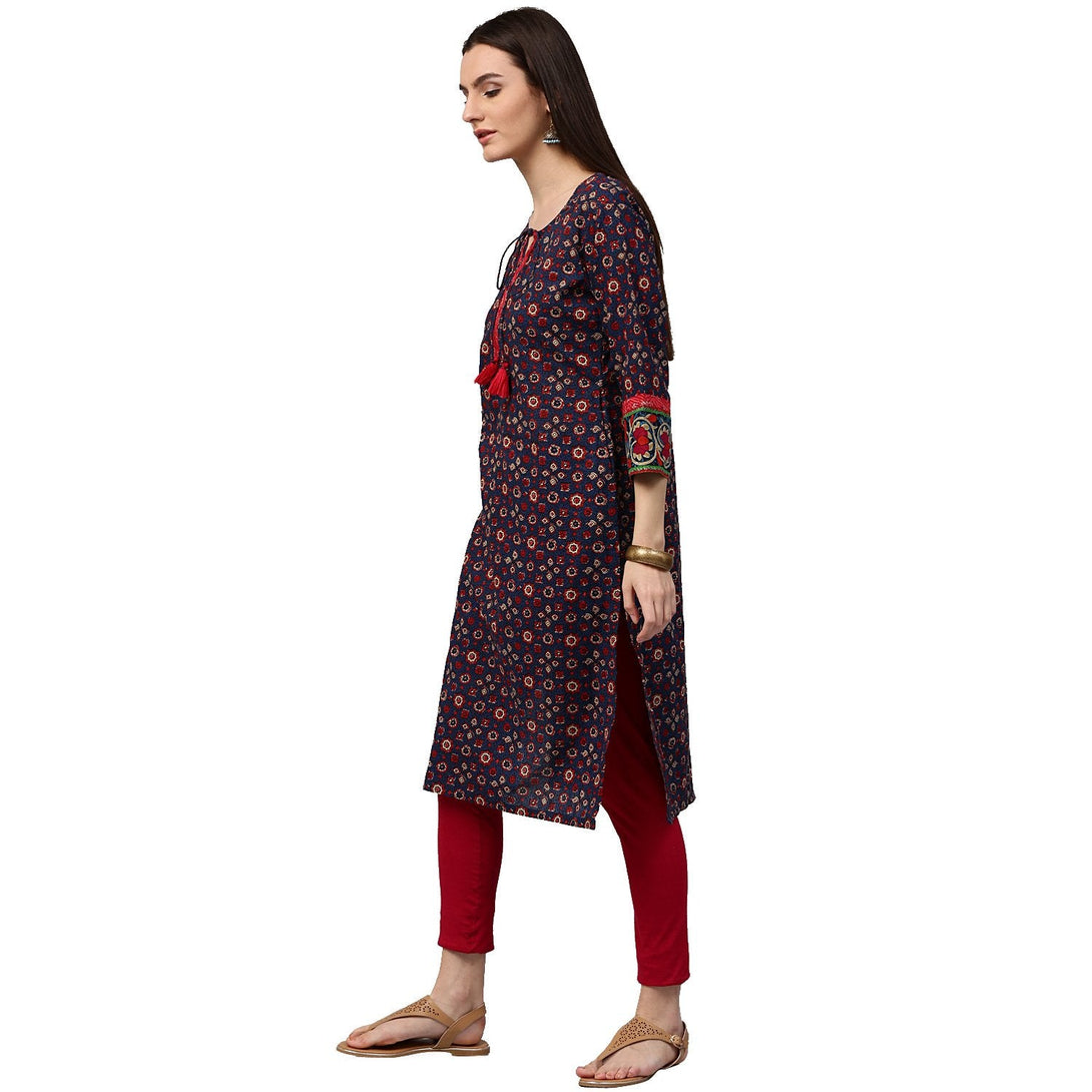 Blue printed 3/4th sleeve cotton kurta with Dori work at yoke | NOZ2TOZ - Made In INDIA.