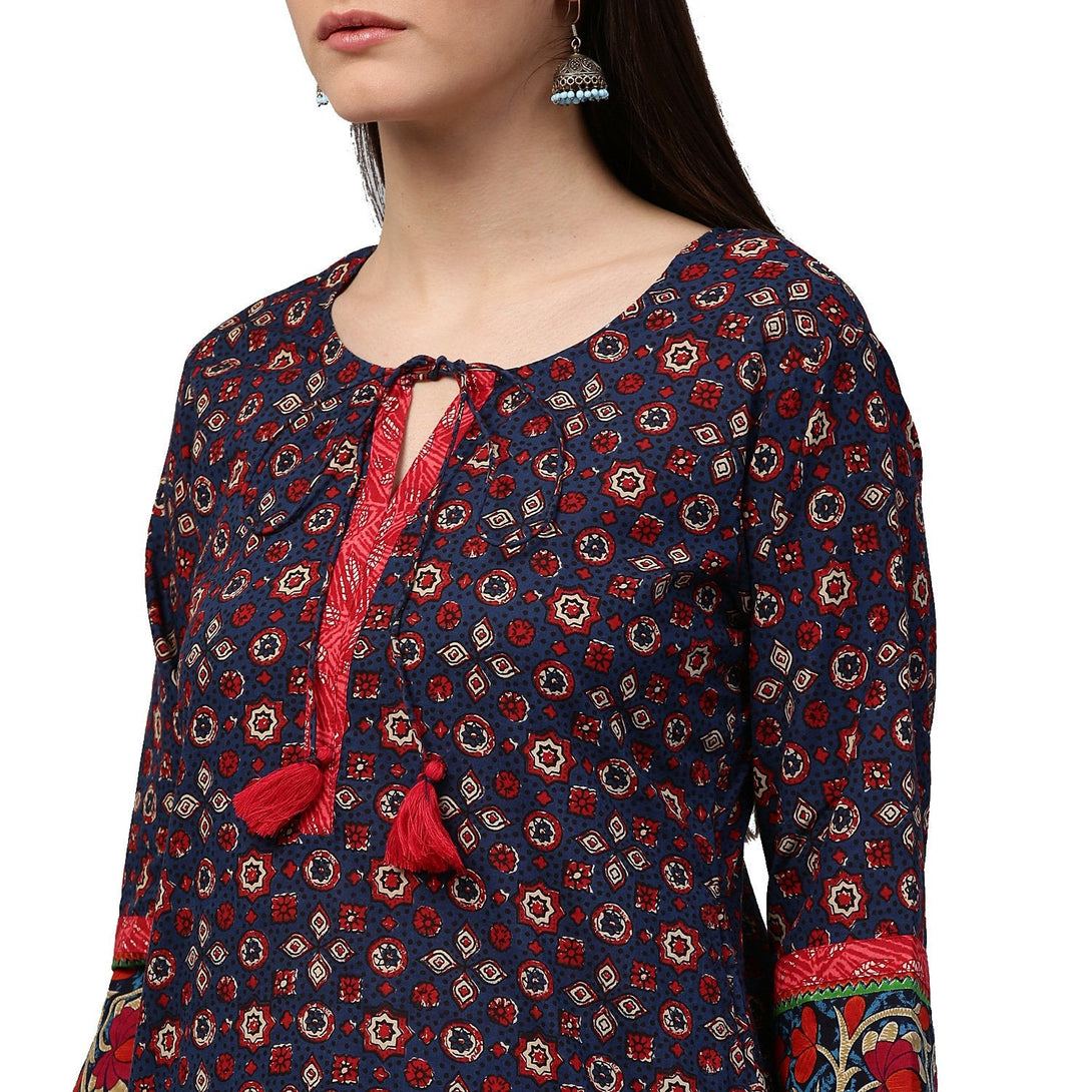 Blue printed 3/4th sleeve cotton kurta with Dori work at yoke | NOZ2TOZ - Made In INDIA.