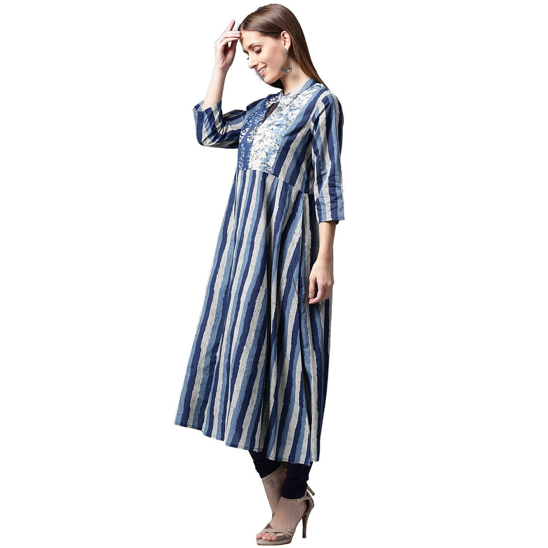 Blue printed 3/4th sleeve cotton A-line kurta | NOZ2TOZ - Made In INDIA.