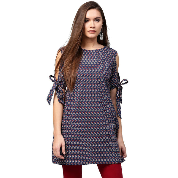 Blue printed half sleeve with cold shoulder cotton tunic | NOZ2TOZ - Made In INDIA.