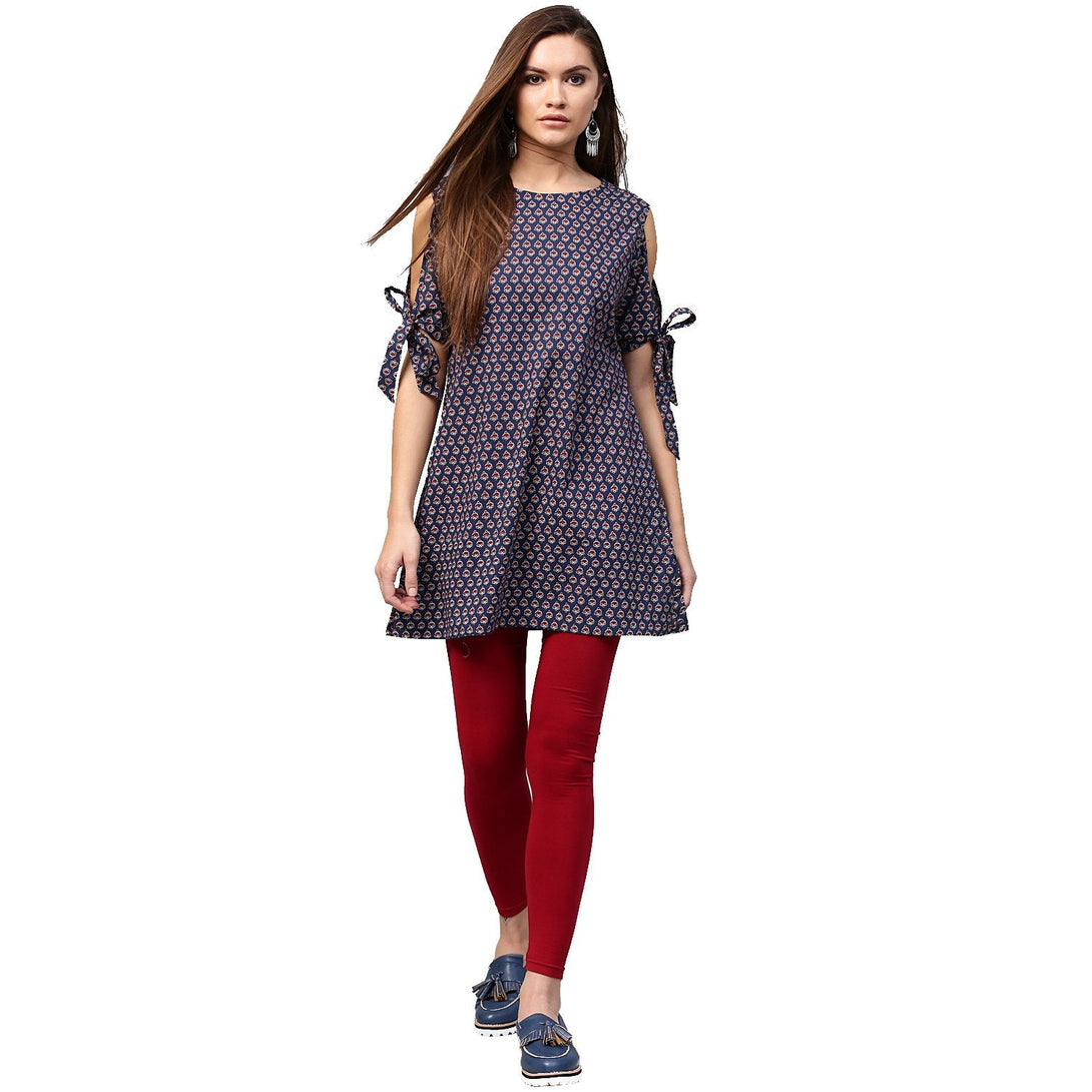 Blue printed half sleeve with cold shoulder cotton tunic | NOZ2TOZ - Made In INDIA.