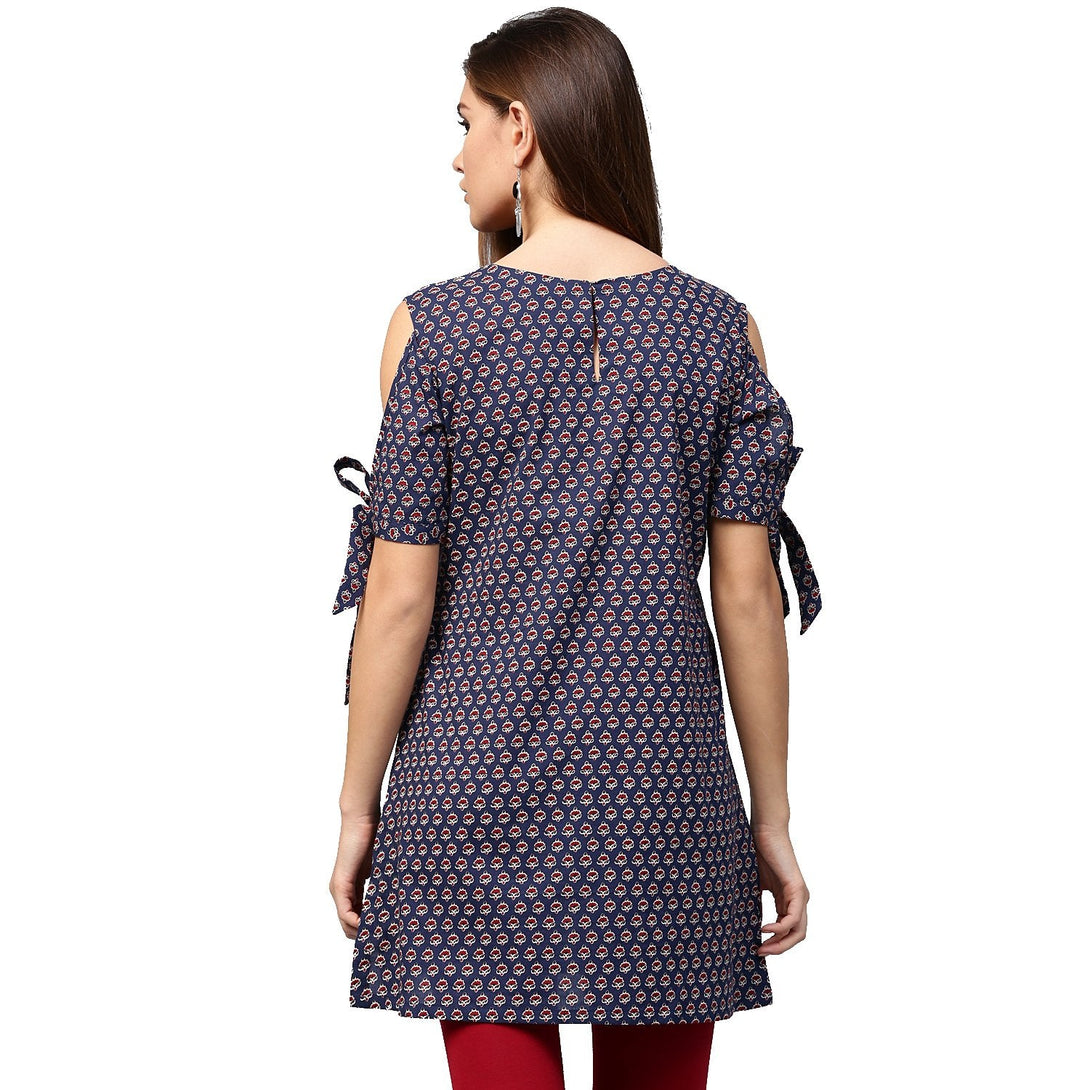 Blue printed half sleeve with cold shoulder cotton tunic | NOZ2TOZ - Made In INDIA.