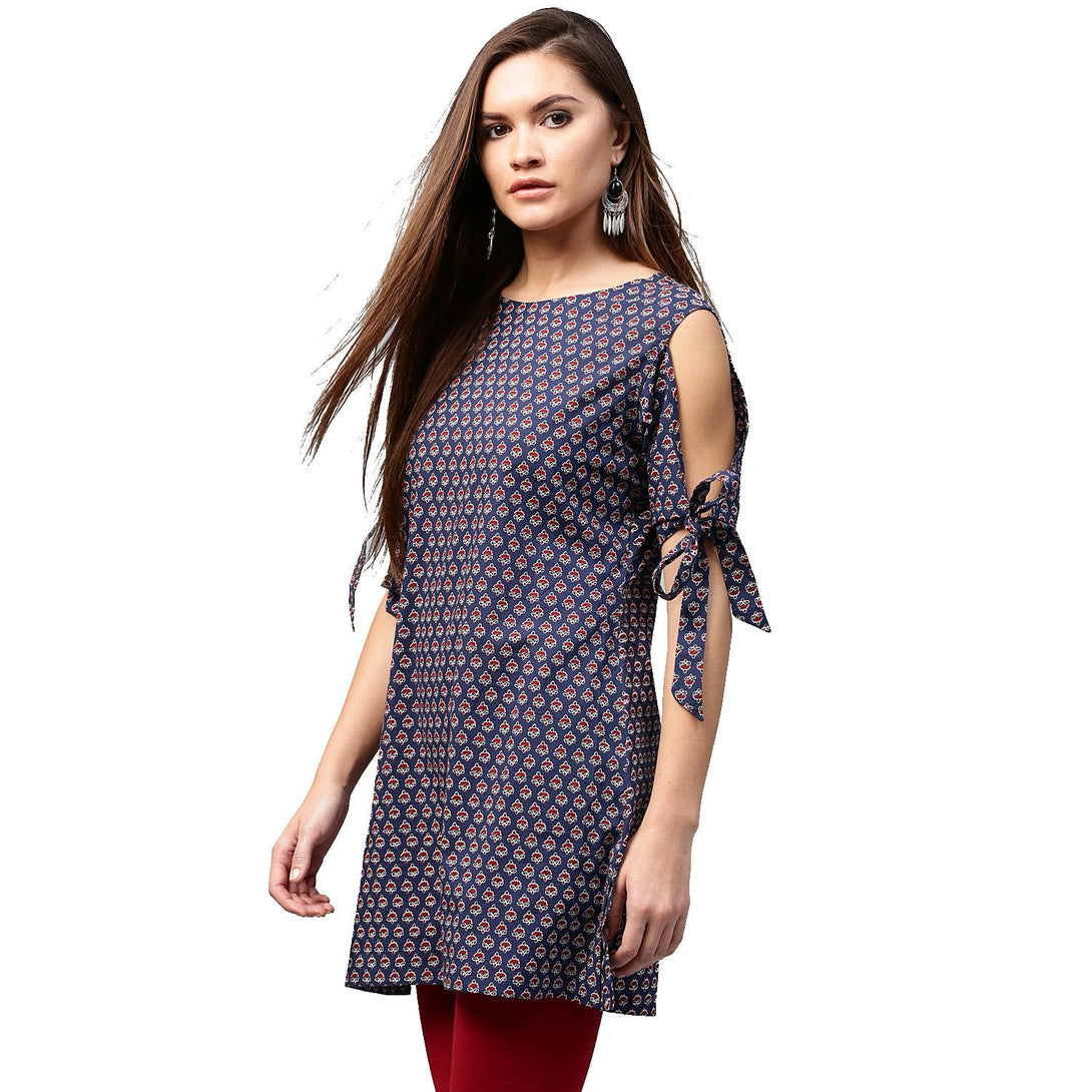 Blue printed half sleeve with cold shoulder cotton tunic | NOZ2TOZ - Made In INDIA.