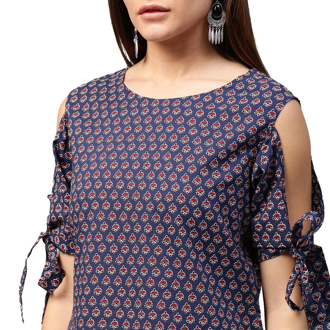 Blue printed half sleeve with cold shoulder cotton tunic | NOZ2TOZ - Made In INDIA.