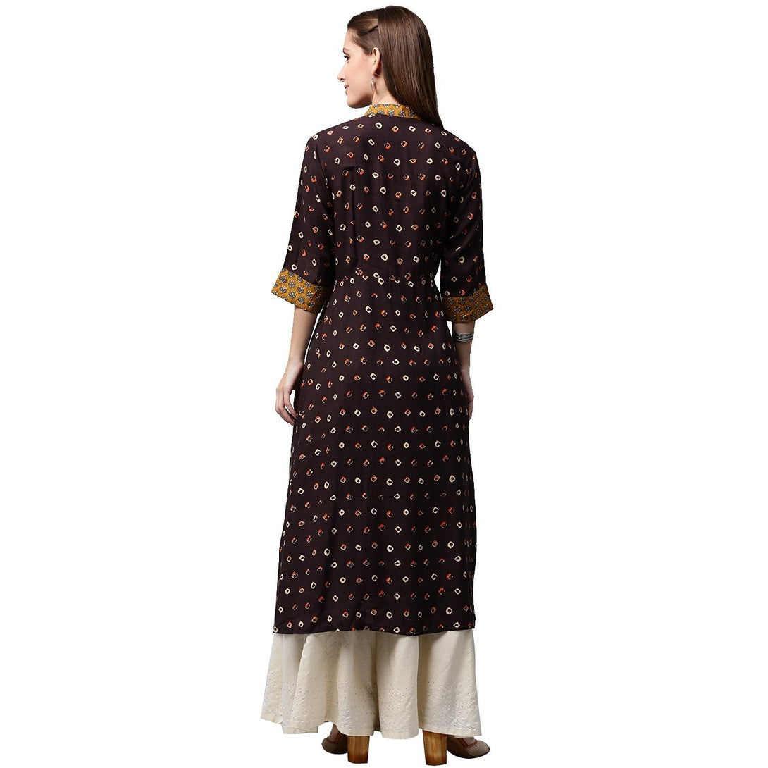 Coffee brown printed 3/4th sleeve Rayon A-line Kurta | NOZ2TOZ - Made In INDIA.