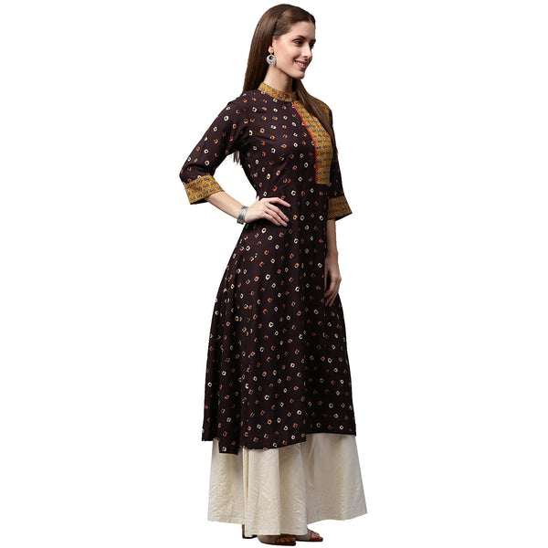 Coffee brown printed 3/4th sleeve Rayon A-line Kurta | NOZ2TOZ - Made In INDIA.