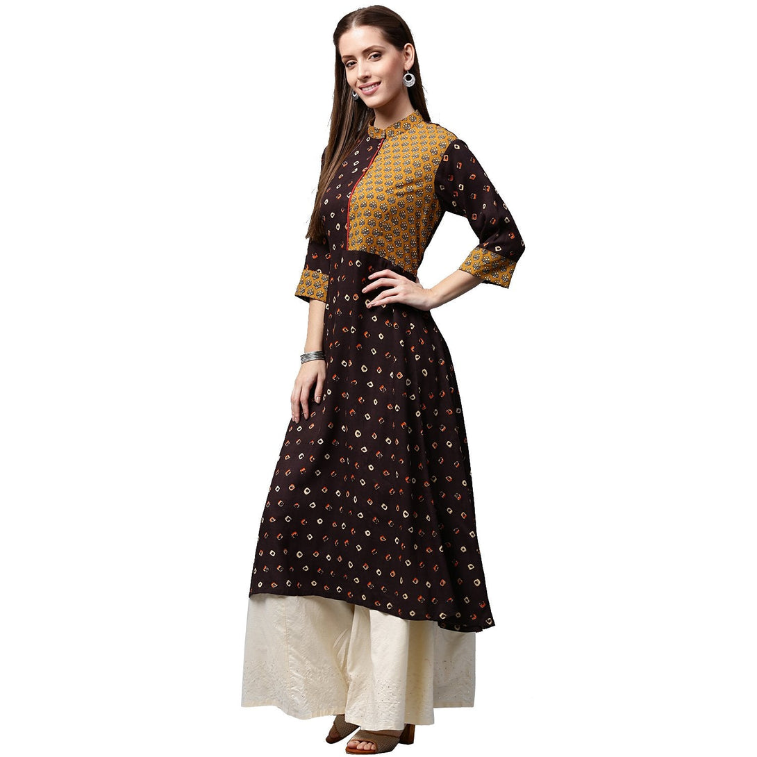 Coffee brown printed 3/4th sleeve Rayon A-line Kurta | NOZ2TOZ - Made In INDIA.