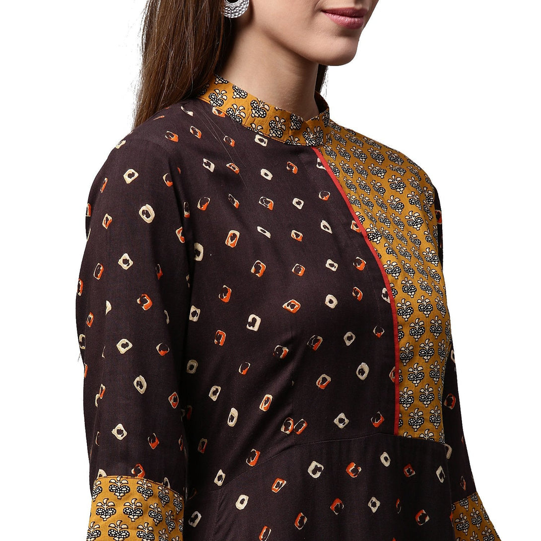 Coffee brown printed 3/4th sleeve Rayon A-line Kurta | NOZ2TOZ - Made In INDIA.