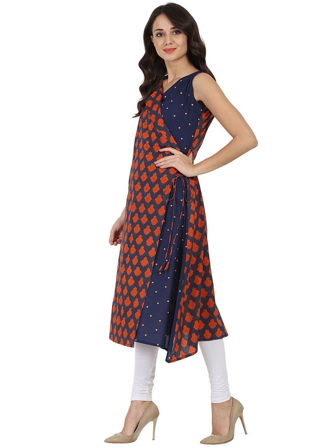 Blue printed sleeveless cotton Angrakha style kurta | NOZ2TOZ - Made In INDIA.